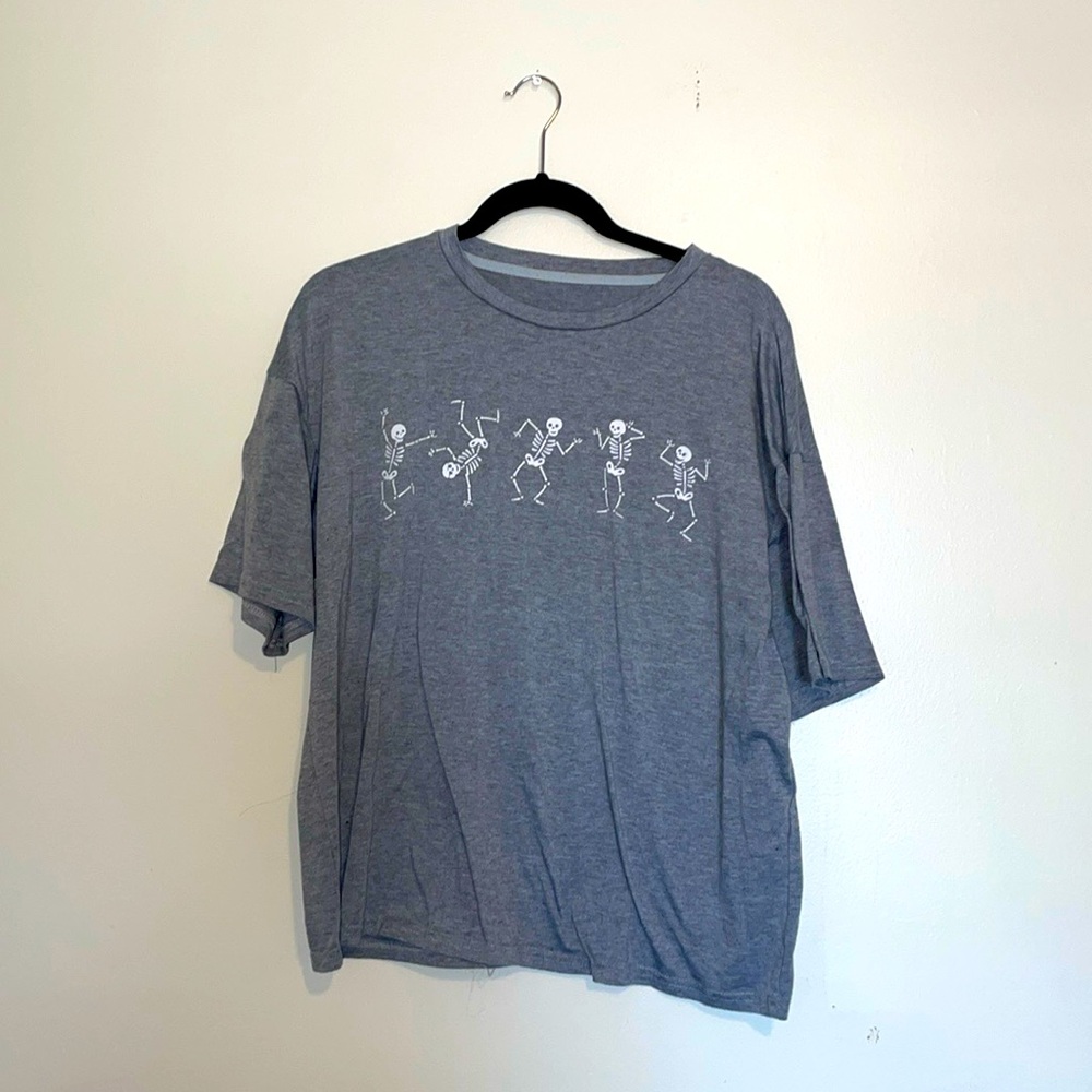 Gray Short Sleeve Tee with Dancing Skeletons